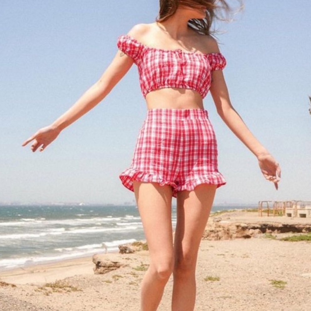 Urban Outfitters Plaid High-Rise Ruffle Shorts
